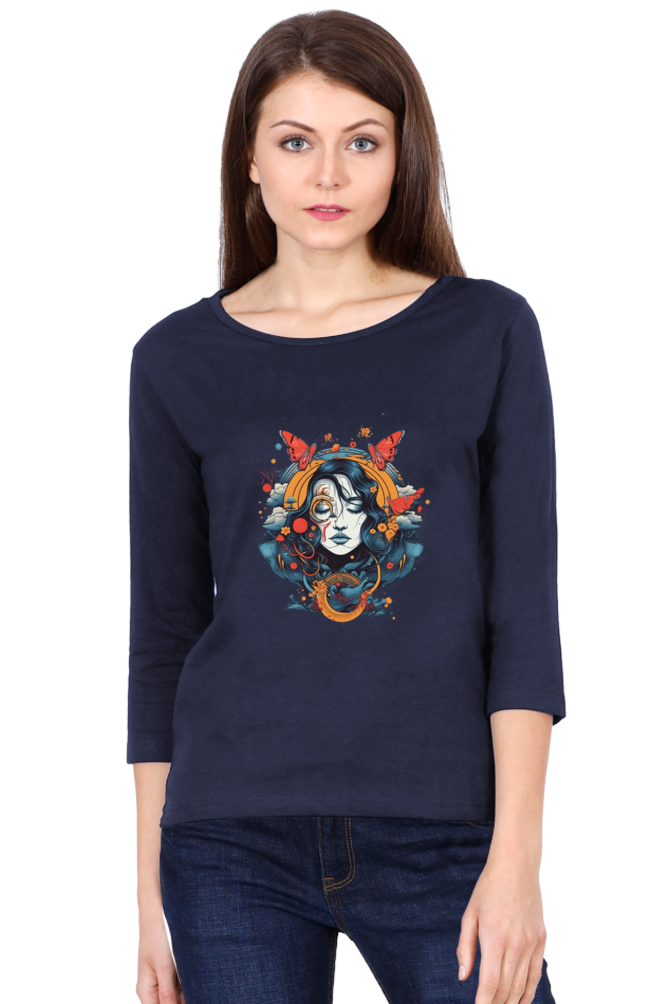 ZenVibes- Female Full Sleeve T-Shirts Navy Blue